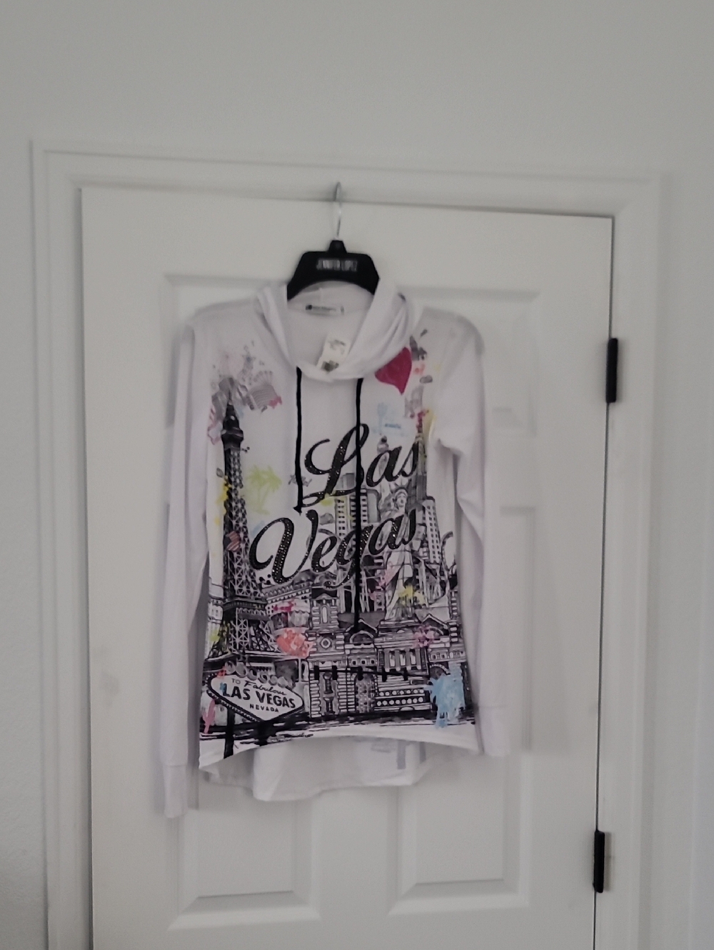 Women’s White Las Vegas Graphic Hoodie with Multi-Color Accents